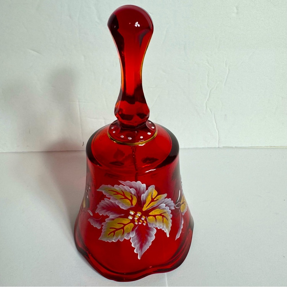Vintage Fenton Art Glass Bell Hand Painted and signed. Amberina glass